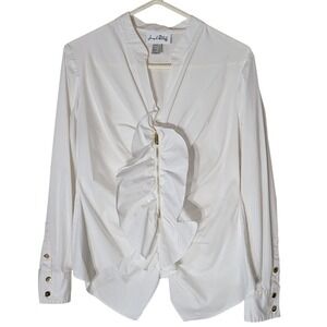 Joseph Ribkoff Ruffle Blouse Shirt with Gold Zipper‎ and Buttons Womens Fourteen
